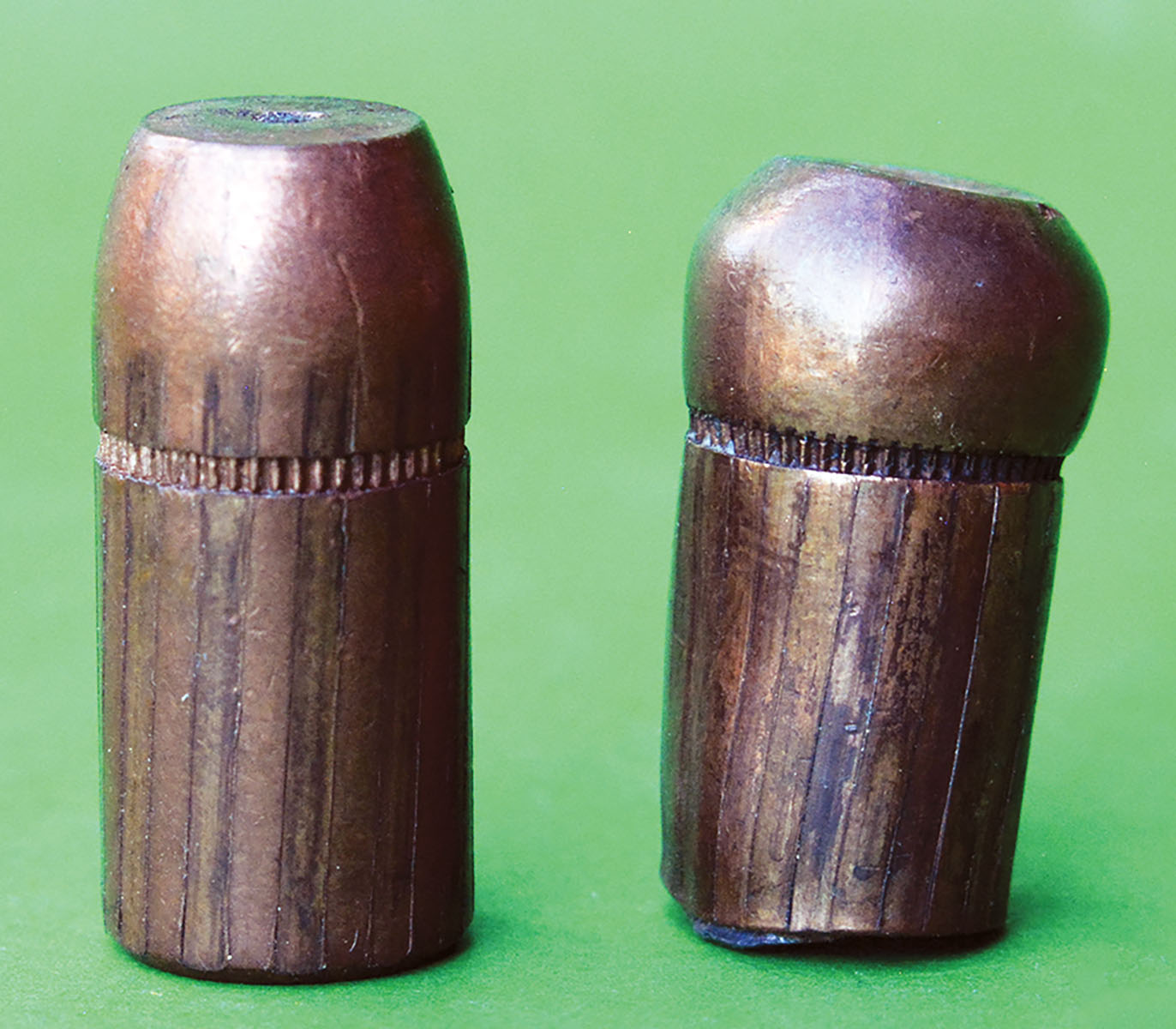 When loaded with solids, the 45-70 can offer deep penetration on heavy game, including Cape buffalo weighing in excess of 2,000 pounds. The 405-grain solid on the left penetrated from just below the tail, full-length through the body and was recovered in the brisket, while the bullet on the right penetrated both shoulders of two different buffalo.